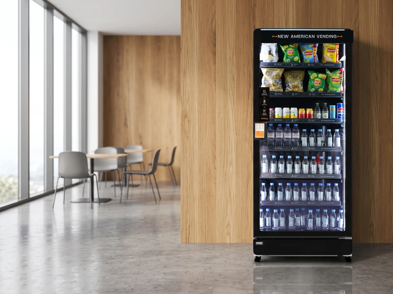 New American Vending smart cooler installed in a modern office breakroom